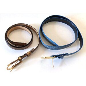 Lot Of Two Women's Skinny Belts Genuine Reptile Leather Blue Gold 5 Holes Size M